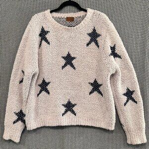 Pol Womens Cozy Pale Pink Sweater Blue Star Print Crewneck Soft Sweater Sz Large